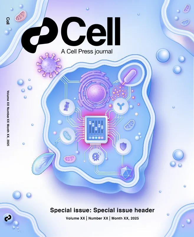 A pale blue Cell journal cover with a detailed illustrated cell and violet organelles