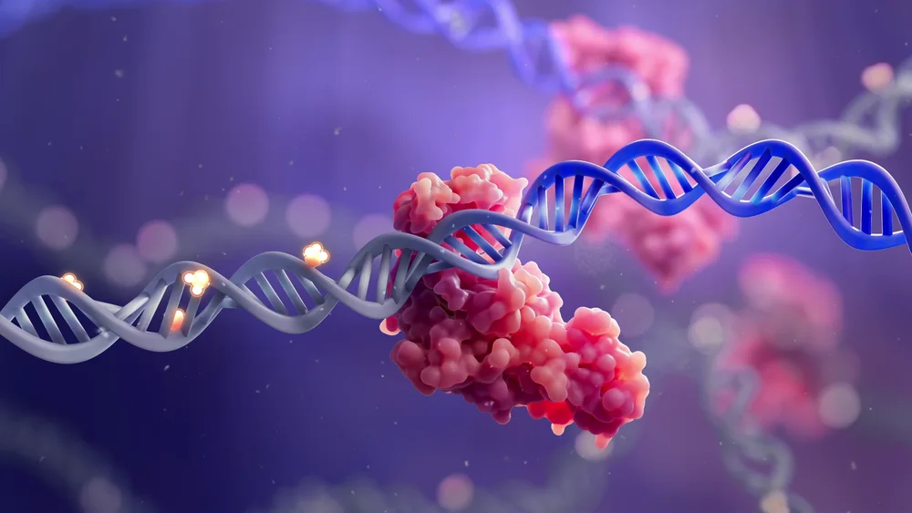 Blue DNA strands and pink molecular structures in a violet microscopic environment