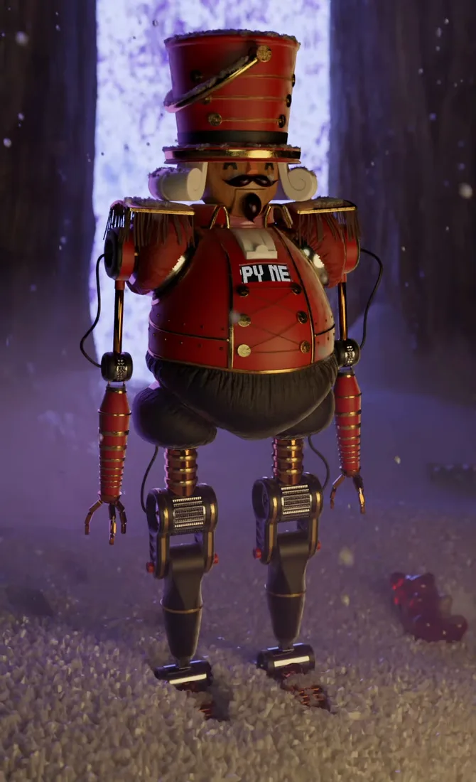 A detailed wooden nutcracker character in a wintry forest