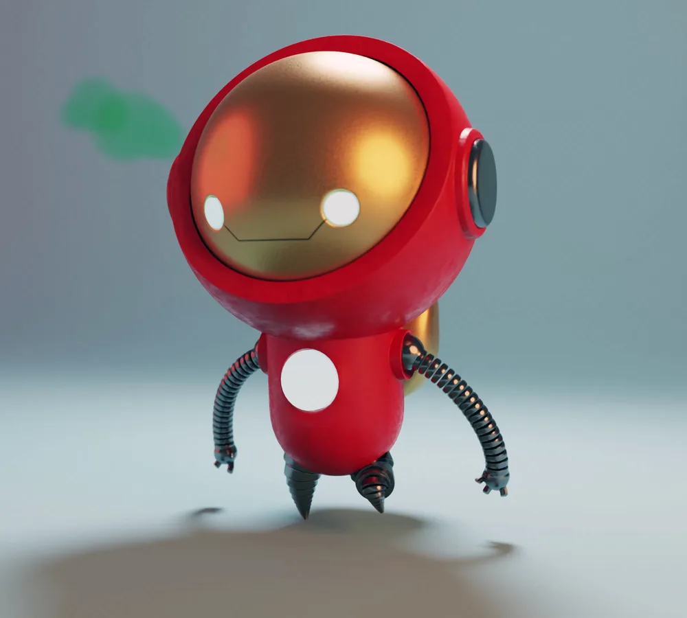 A small stylized red and gold superhero walking