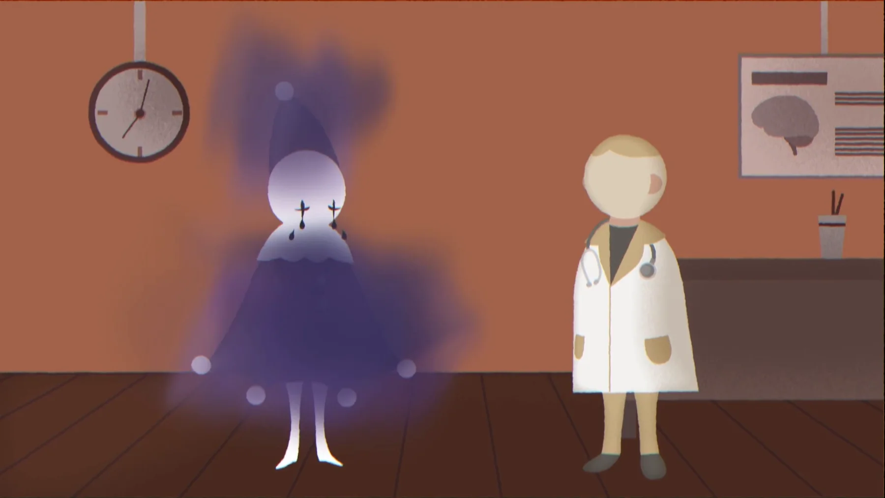 A clown and doctor in a warm brown consultation room, with a purple silhouette suggesting the clown’s inner emotional world