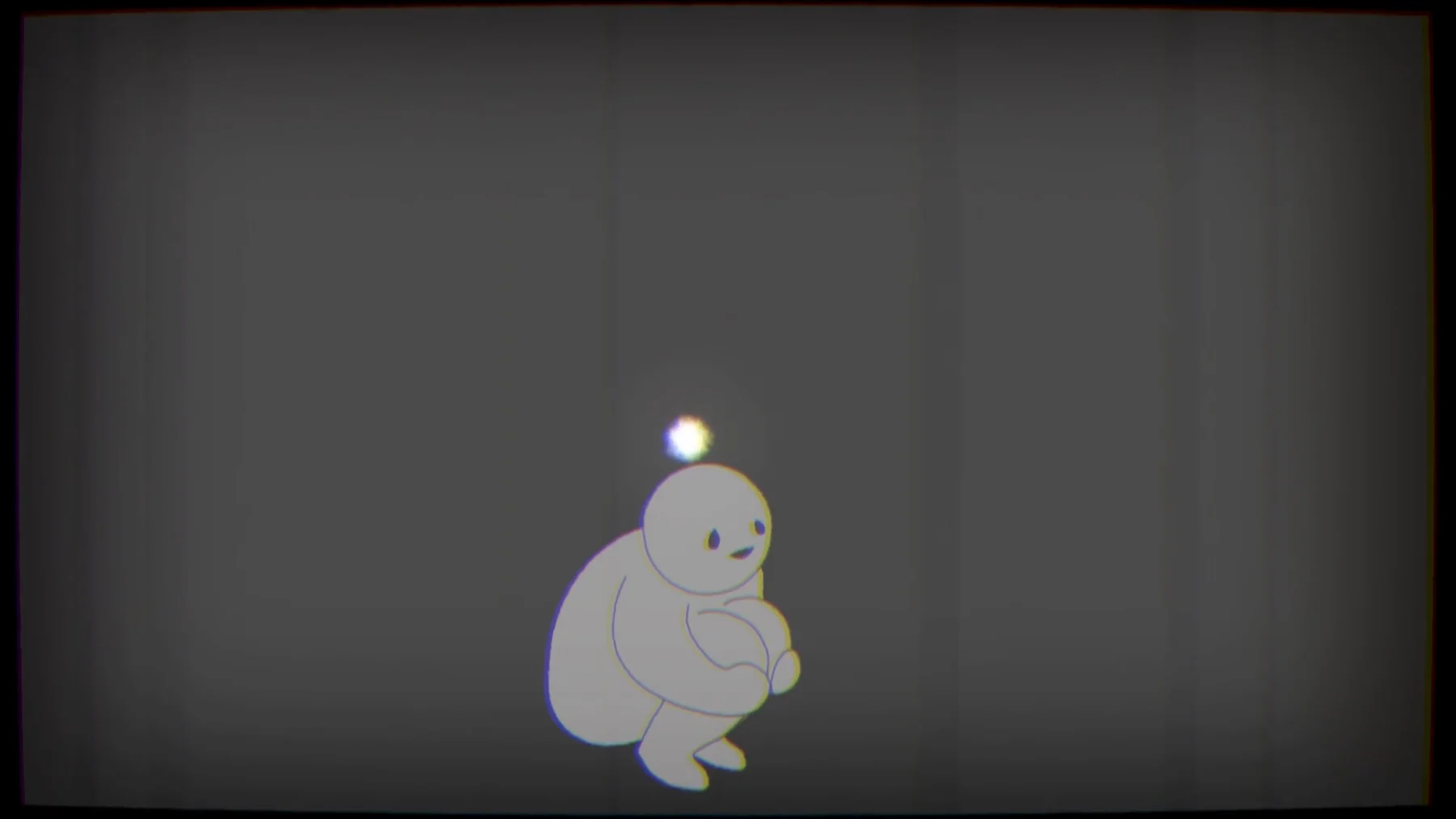 A small, downcast character curled up against a dark textured background