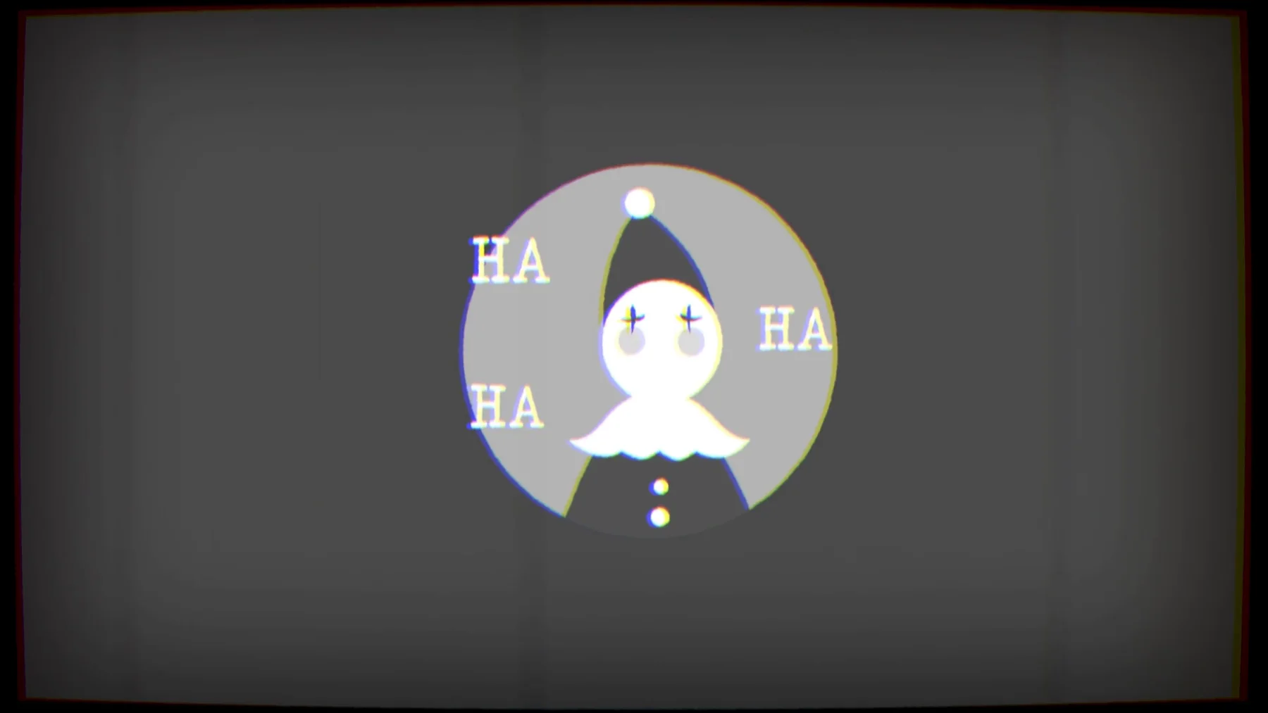 An illustrated clown surrounded by laughter inside a circular frame on a textured monochrome background