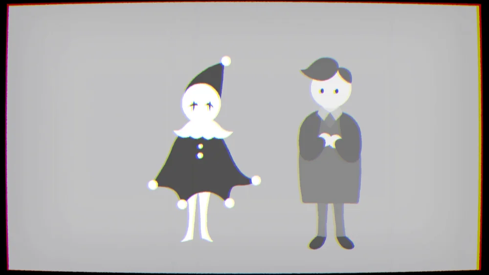 An illustrated clown and a performer standing together in a monochrome scene from Sad Clown Paradox